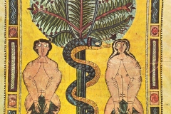 Adam & Eve, parchemin enluminé, V.950 - wikimedia commons, domaine public