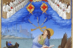 Jean à Patmos, Les Très Riches Heures du du de Berry, Frères de Limburg, 1416- Wikimedia commons, domaine public