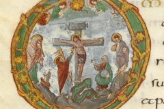 Christ en croix, Sacramentaire de Drogon, 9ème siècle, BNF - wikimedia commons, domaine public