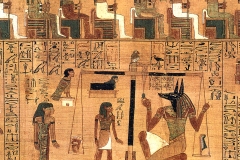 La pesée du cœur par Anubis, Chap. 30B, Papyrus d'Ani, British Museum - wikimedia commons, domaine public