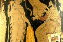 Jason rapportant la Toison d'or au roi Pélias, cratère à figures rouges d'Apulie, v. 340 av. J.-C., musée du Louvre - wikimédia commons, domaine public