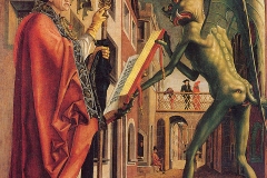 Le Diable tend le livre des vices à St Augustin, Michael Pacher, v. 1498 - wikimedia commons, domaine public